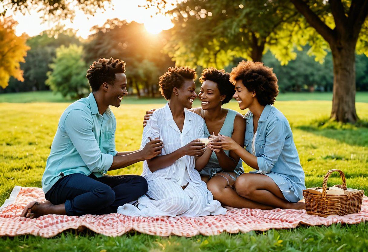 A warm and intimate scene featuring two diverse same-sex couples enjoying a picnic in a lush green park, intertwined hands and shared laughter, with a soft sunset glow in the background. The image should convey a sense of connection, love, and togetherness, with elements like a cozy blanket, picnic basket, and scattered love letters. Emphasize vibrant colors that evoke warmth and affection. super-realistic. warm tones. natural scenery.