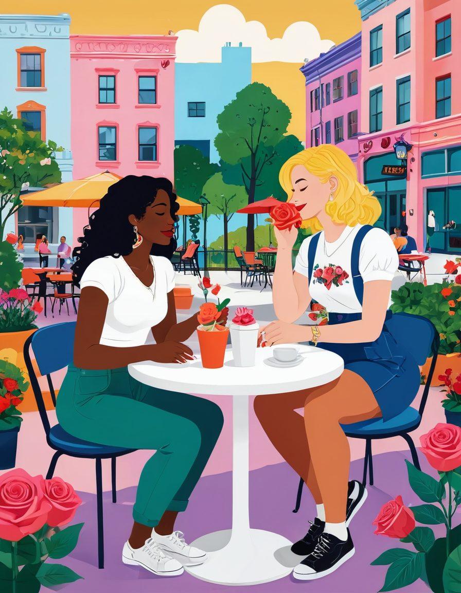A whimsical, colorful illustration of diverse queer women navigating a modern dating scene, showcasing each woman's unique style and personality. Incorporate vibrant heart motifs and playful symbols of love and lust, like roses and playful emojis, set against a bustling urban backdrop with a lively café and park. Capture a sense of empowerment, connection, and joy in their interactions, with a blend of dreamy pastel and bold colors. vector art. vibrant colors. white background.