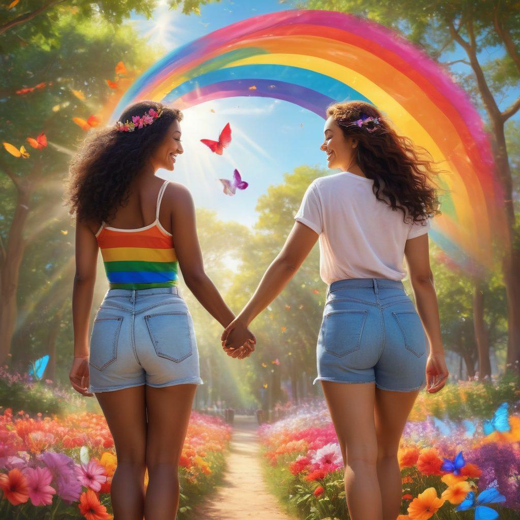 A vibrant scene of two women holding hands in a sunlit park, surrounded by blooming flowers and colorful butterflies, symbolizing love and connection. They share a joyful smile, reflecting passion and intimacy, while a soft breeze gently moves their hair. The background features a rainbow flag fluttering, representing pride and diversity. super-realistic. vibrant colors. soft focus.